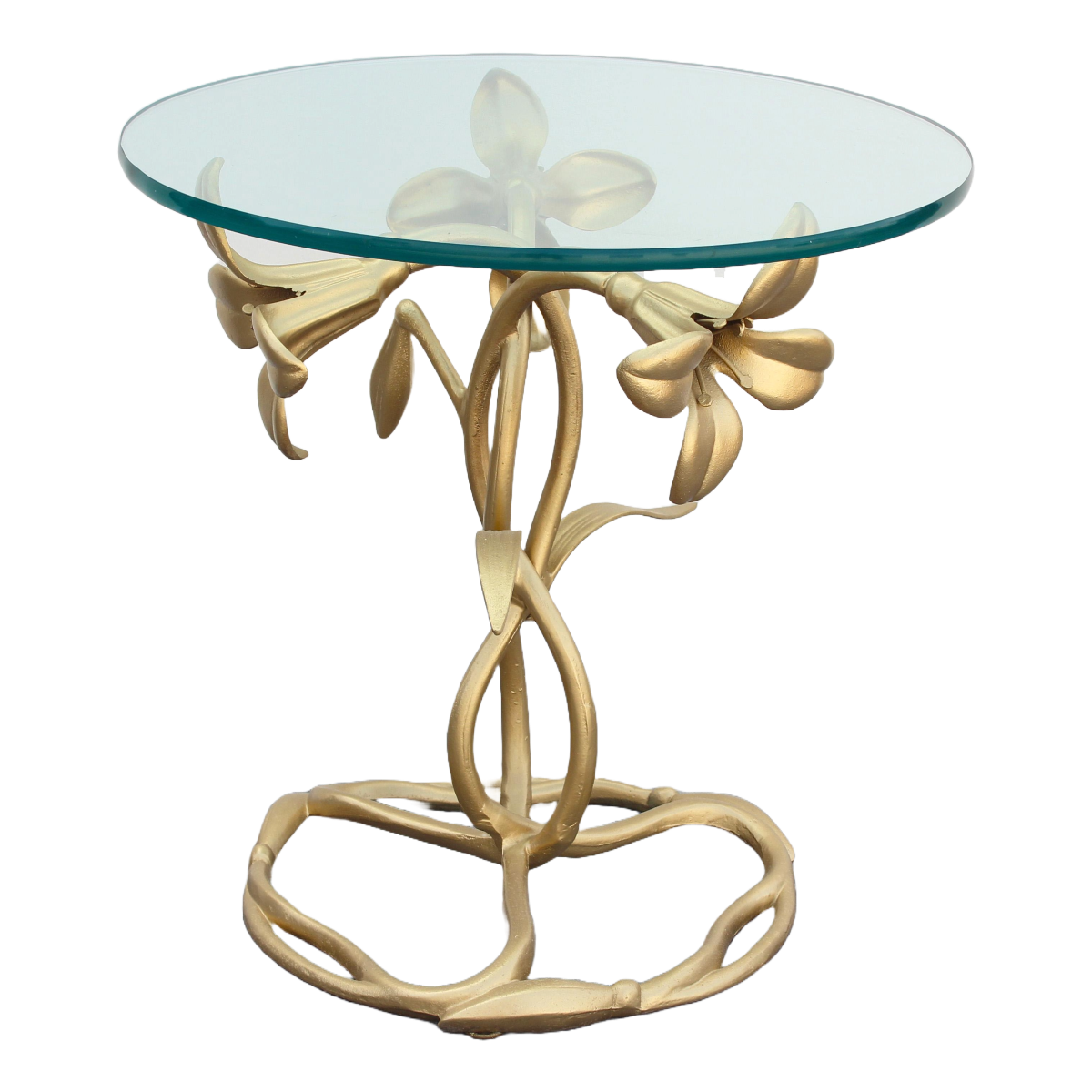 1970's Gold Painted Lily Flower Metal Side Table with Glass Top.  This table has minor wear and overall, in great condition.  Dimensions: 20"Width x 20"Depth x 20"Height. 