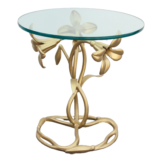 1970's Gold Painted Lily Flower Metal Side Table with Glass Top.  This table has minor wear and overall, in great condition.  Dimensions: 20"Width x 20"Depth x 20"Height. 