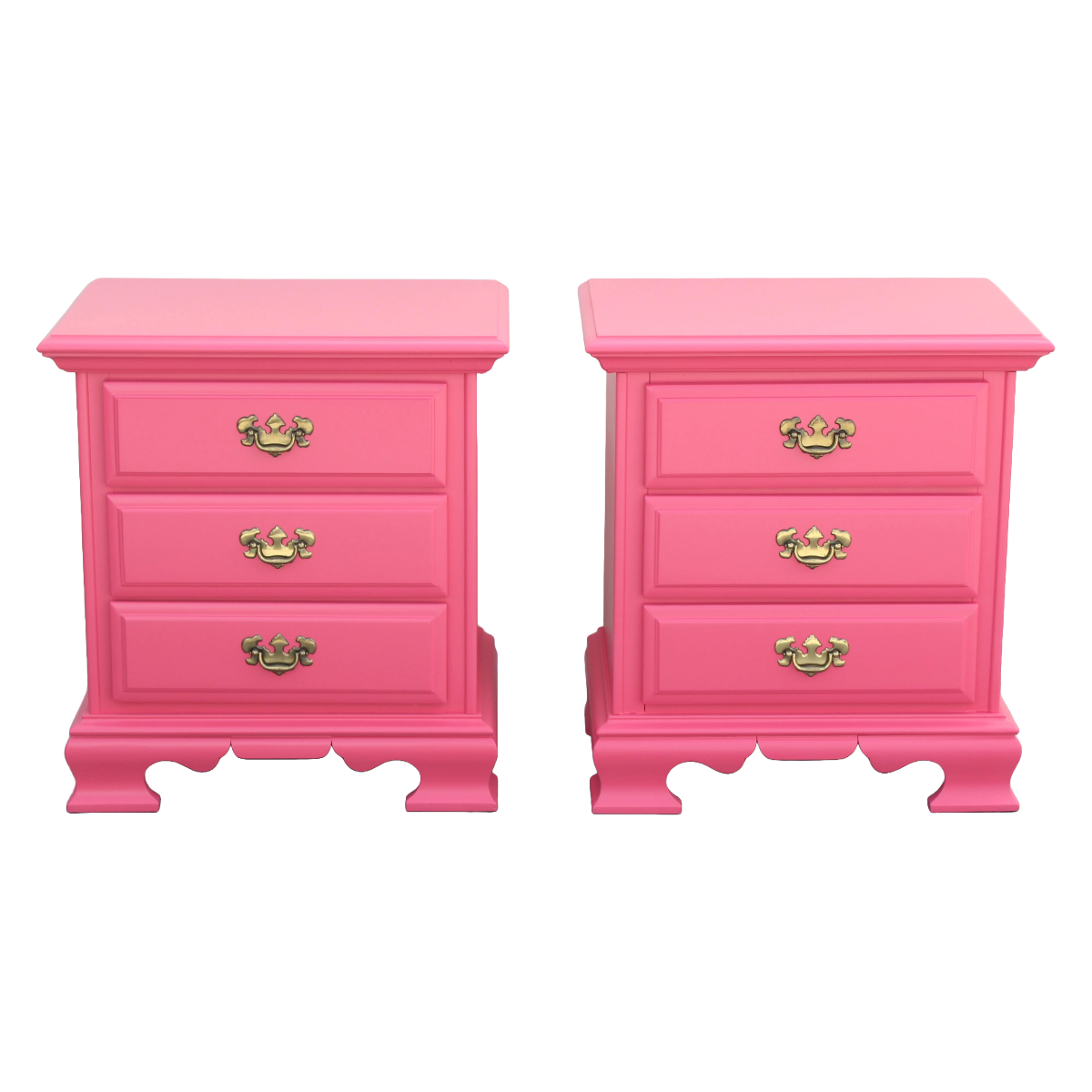 Solid Built Pair of 1970's Nightstands by Dixie. The nightstands are professionally refinished in coral pink with a satin topcoat. Dimensions: 24"Width x 17"Depth x 26"Height. 