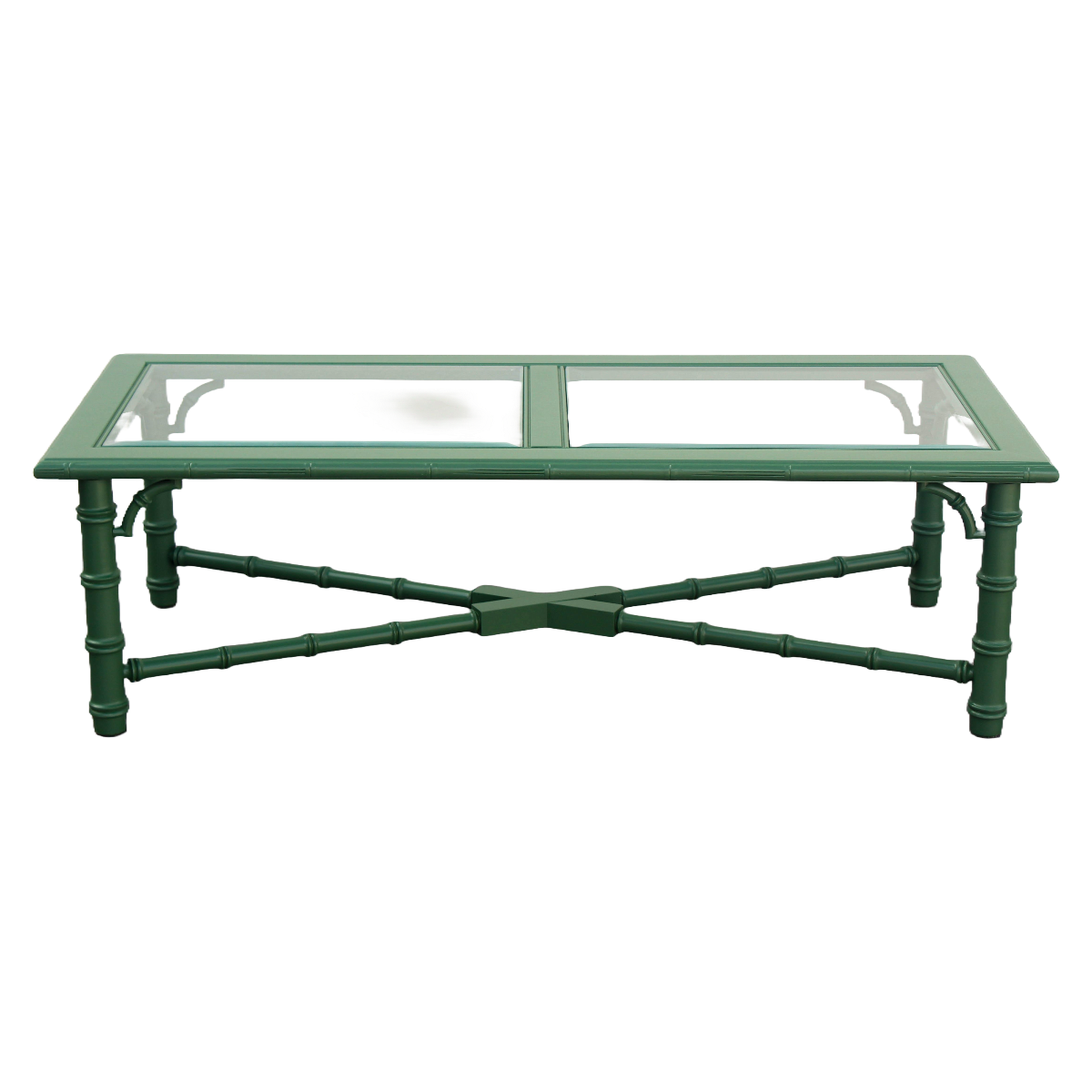 1970's Faux bamboo green coffee table with glass top. This table is newly refinished in green with satin topcoat. Dimensions: 54" Length x 24"Depth x 16"Height.