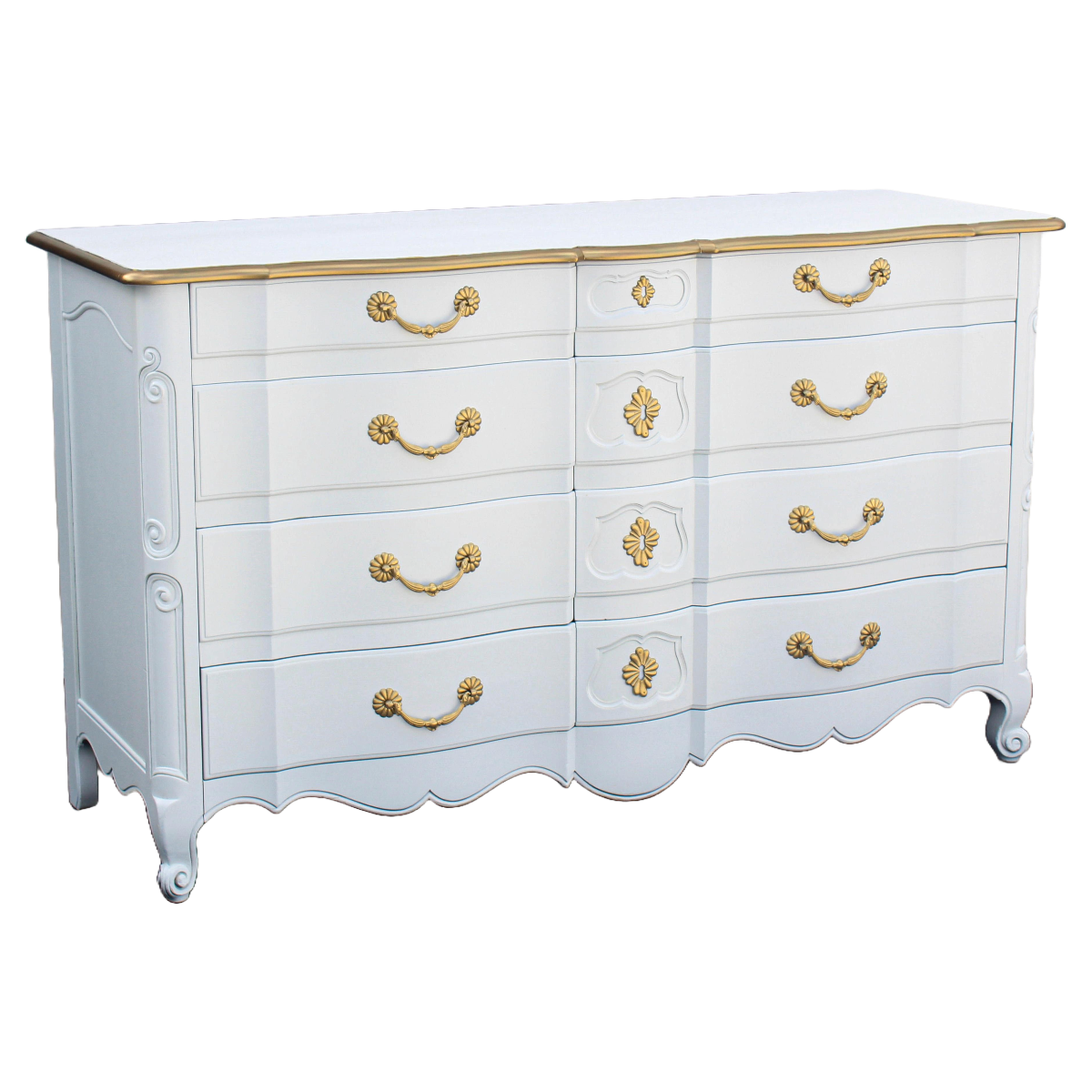 Vintage solid built John Widdicomb dresser of eight drawers.  This is a solid built dresser with dovetail joint, is newly refinished in a white satin topcoat and gold painted accents.  Dimensions: 62"Width x 22"Depth x 36"Height. 