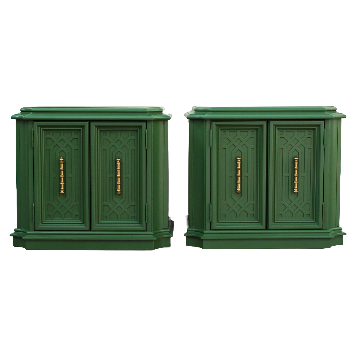 Pair of solid built Mid-Century Nightstands. The nightstands are newly refinished in green with satin topcoat. Dimensions: 30"With x 18"Depth x 27"Height. 