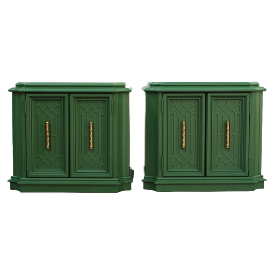 Pair of solid built Mid-Century Nightstands. The nightstands are newly refinished in green with satin topcoat. Dimensions: 30"With x 18"Depth x 27"Height. 