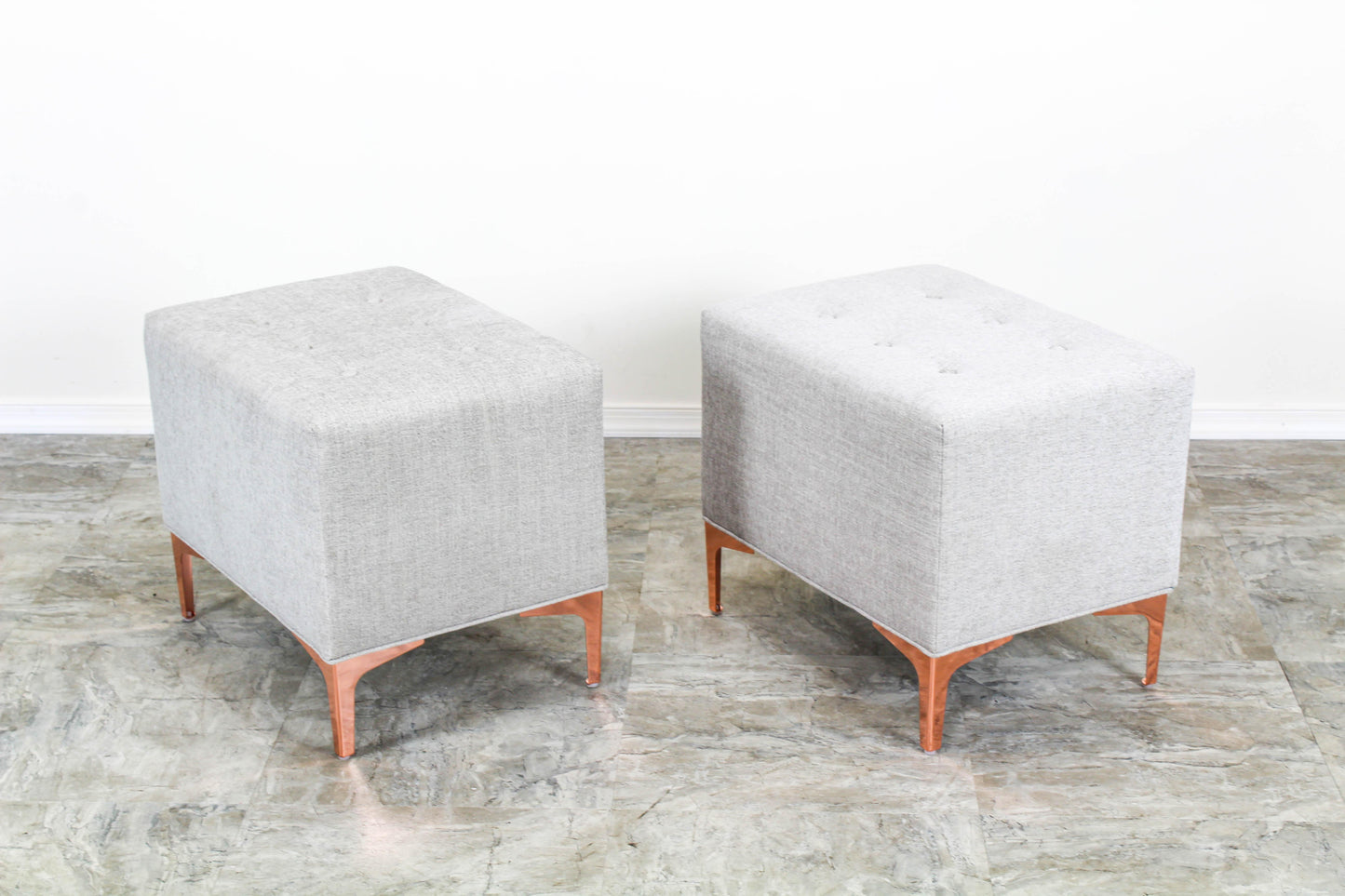 Cream Chenille Ottomans on Brass Feet - a Pair