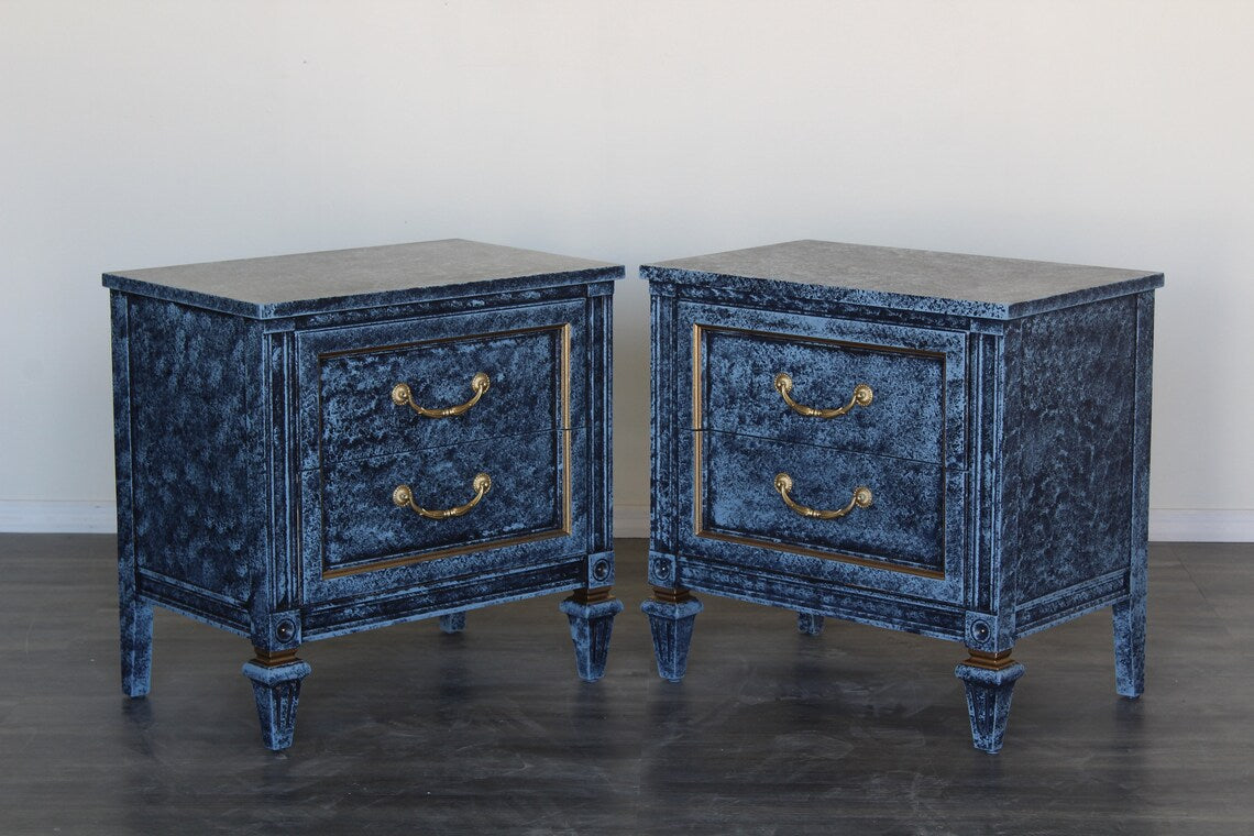 Pair of Mid century solid built walnut nightstands.  The nightstands are professionally refinished with a blue faux finish.  Dimensions: 25"width x 16"Depth x 25"H