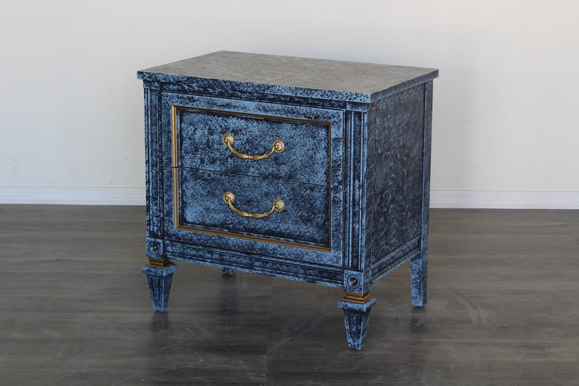 Pair of Mid century solid built walnut nightstands.  The nightstands are professionally refinished with a blue faux finish.  Dimensions: 25"width x 16"Depth x 25"Height. 