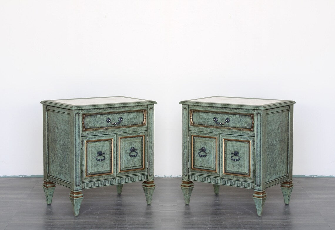 Pair of Mid-century walnut nightstands professionally refinished in green with gold painted accents.  The nightstands are solid built with dovetail joint and Italian Marble tops.  Dimensions: 25"Width x 17"Depth x 28"Height