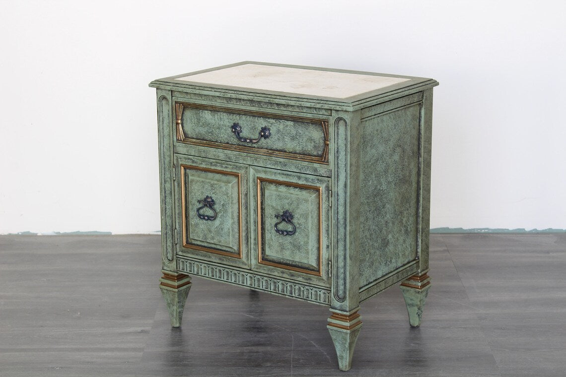 Late 20th Century Green Nightstands with Marble Tops, a Pair