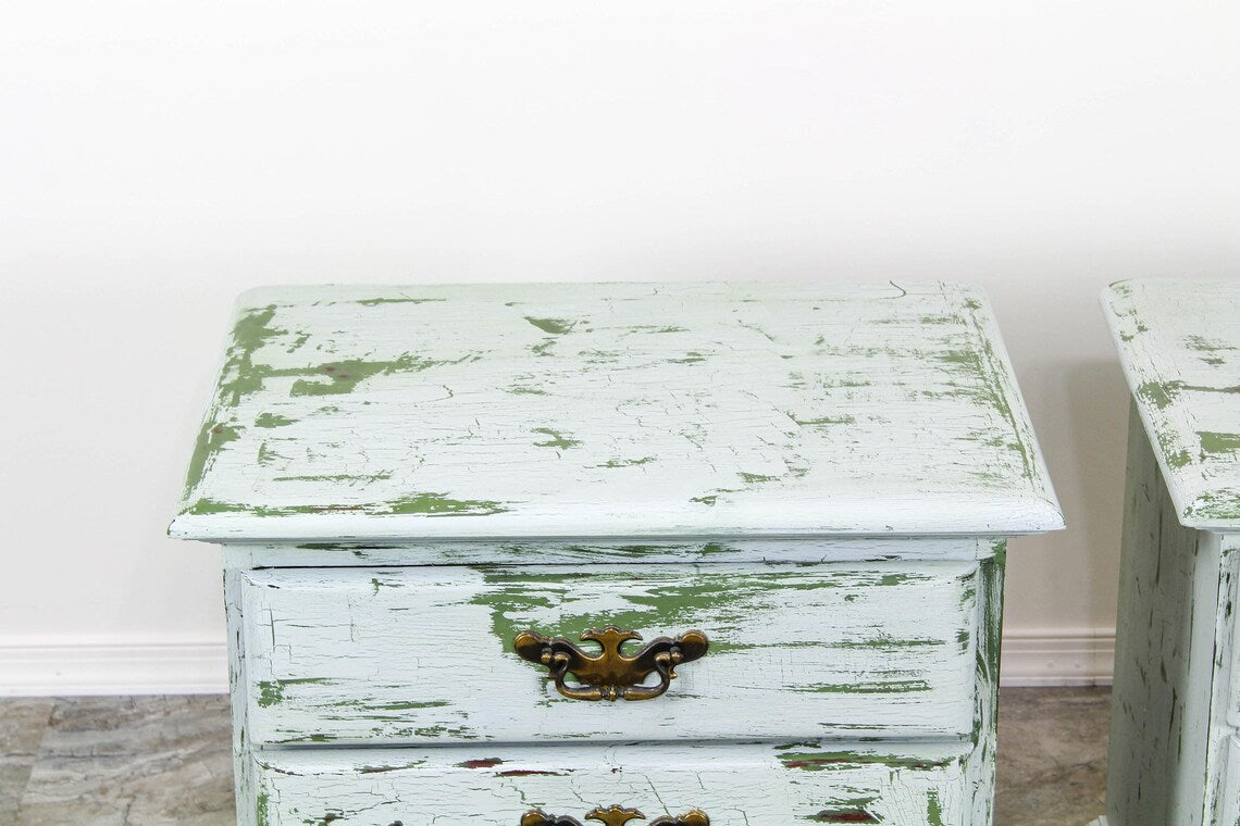 1960's Georgian Style 3-Drawers Nightstands, Distressed Gray & Green Nightstands - a Pair