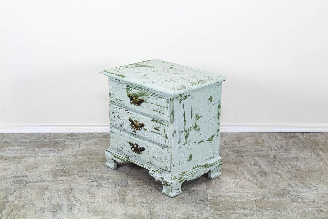 1960's Georgian Style 3-Drawers Nightstands, Distressed Gray & Green Nightstands - a Pair