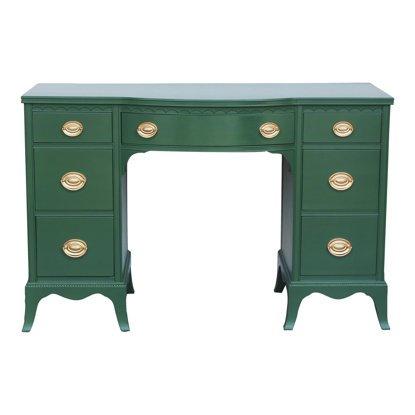 Vintage solid built double pedestal desk with dovetail joint.  This desk was professionally refinished in green with gloss finish and gold painted hardware.  Dimensions: 47"Width x 16.5"Depth x 31"Height. 