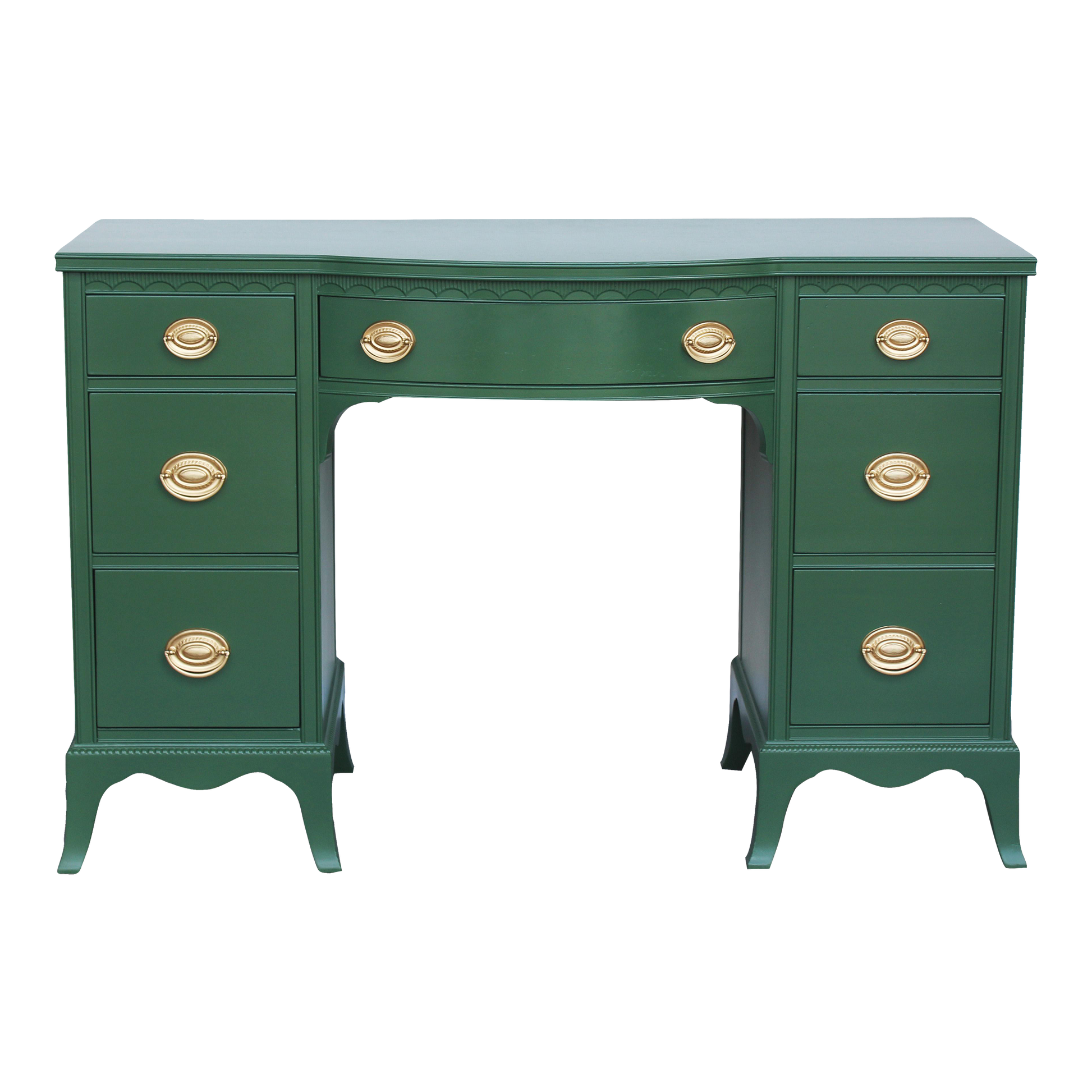 Vintage solid built double pedestal desk with dovetail joint.  This desk was professionally refinished in green with gloss finish and gold painted hardware.  Dimensions: 47"Width x 16.5"Depth x 31"Height. 