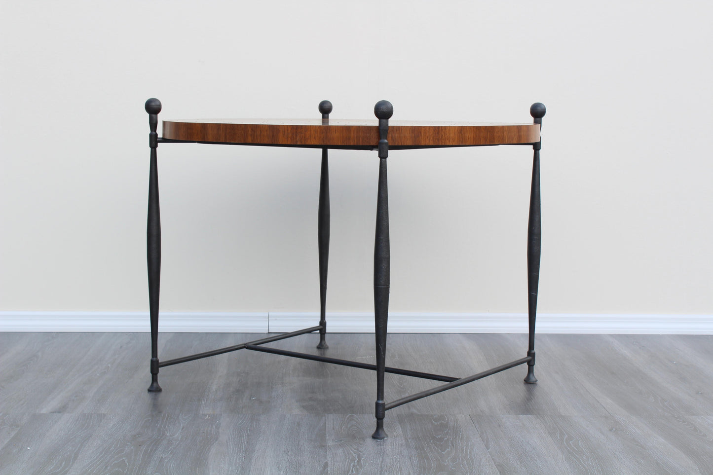 Late 20th Century Frederick Duckloe Wood Top Wrought Iron Side Table