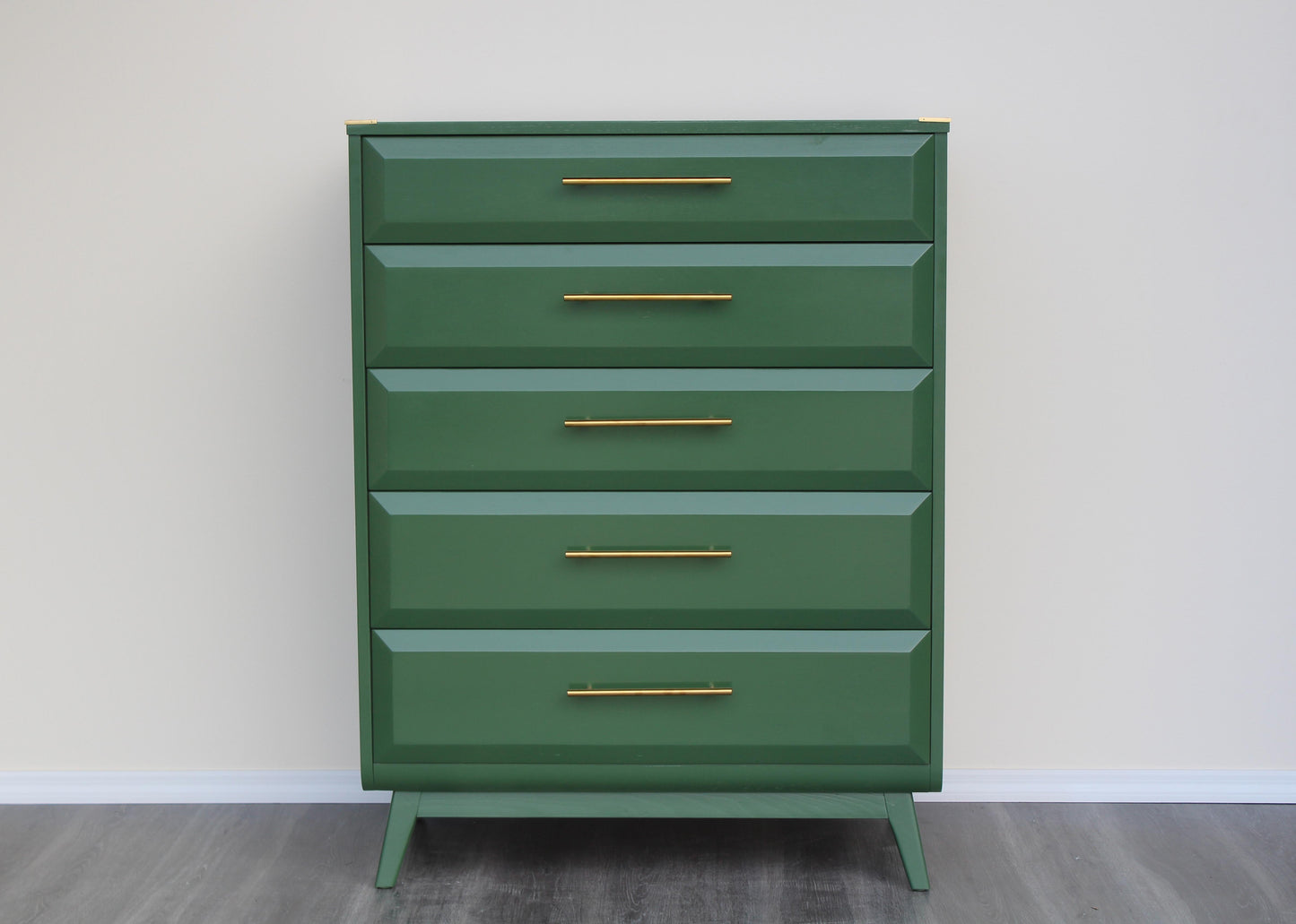 Late 20th Century Mid Century Walnut Green Highboy Chest of Five Drawers