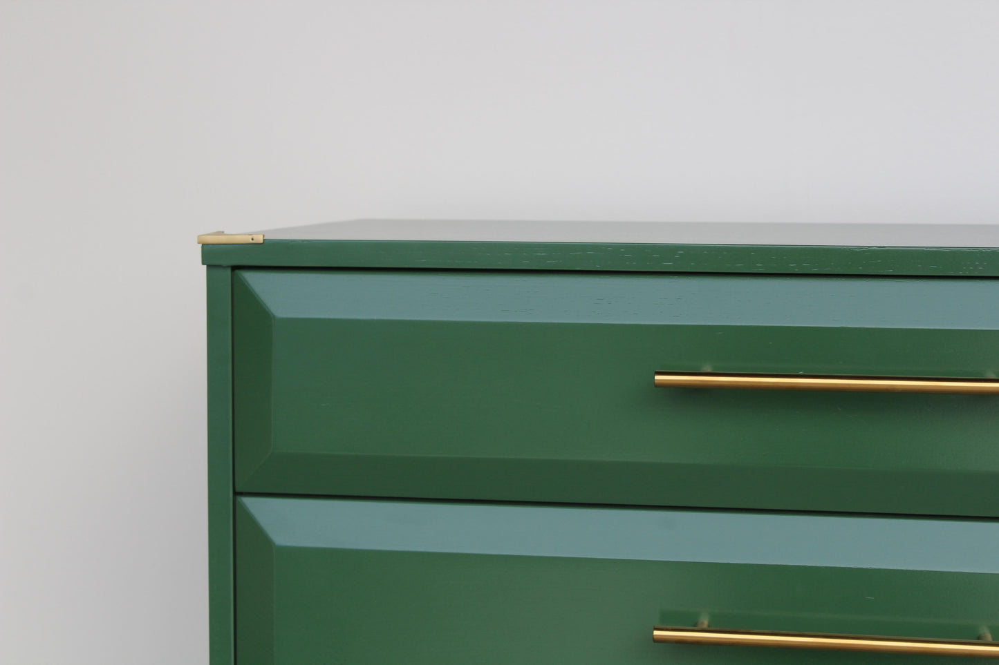 Late 20th Century Mid Century Walnut Green Highboy Chest of Five Drawers