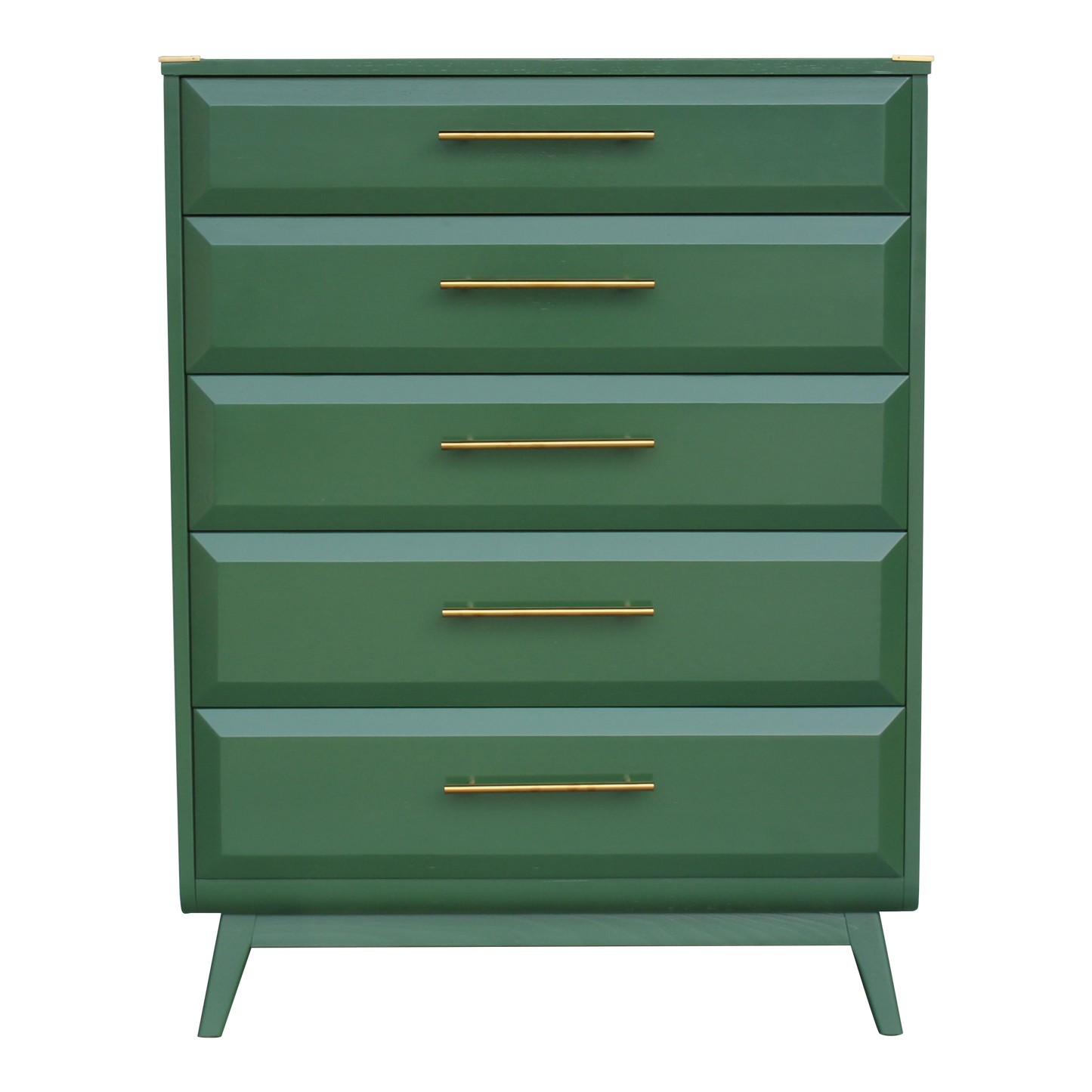 Mid Century walnut highboy of five drawers.  This is a solid built walnut chest with dovetail joint.  This chest is professionally refinished in green with gloss top coat and gold tone hardware.  Dimensions: 36"Width x 19"Depth x 48"Height. 