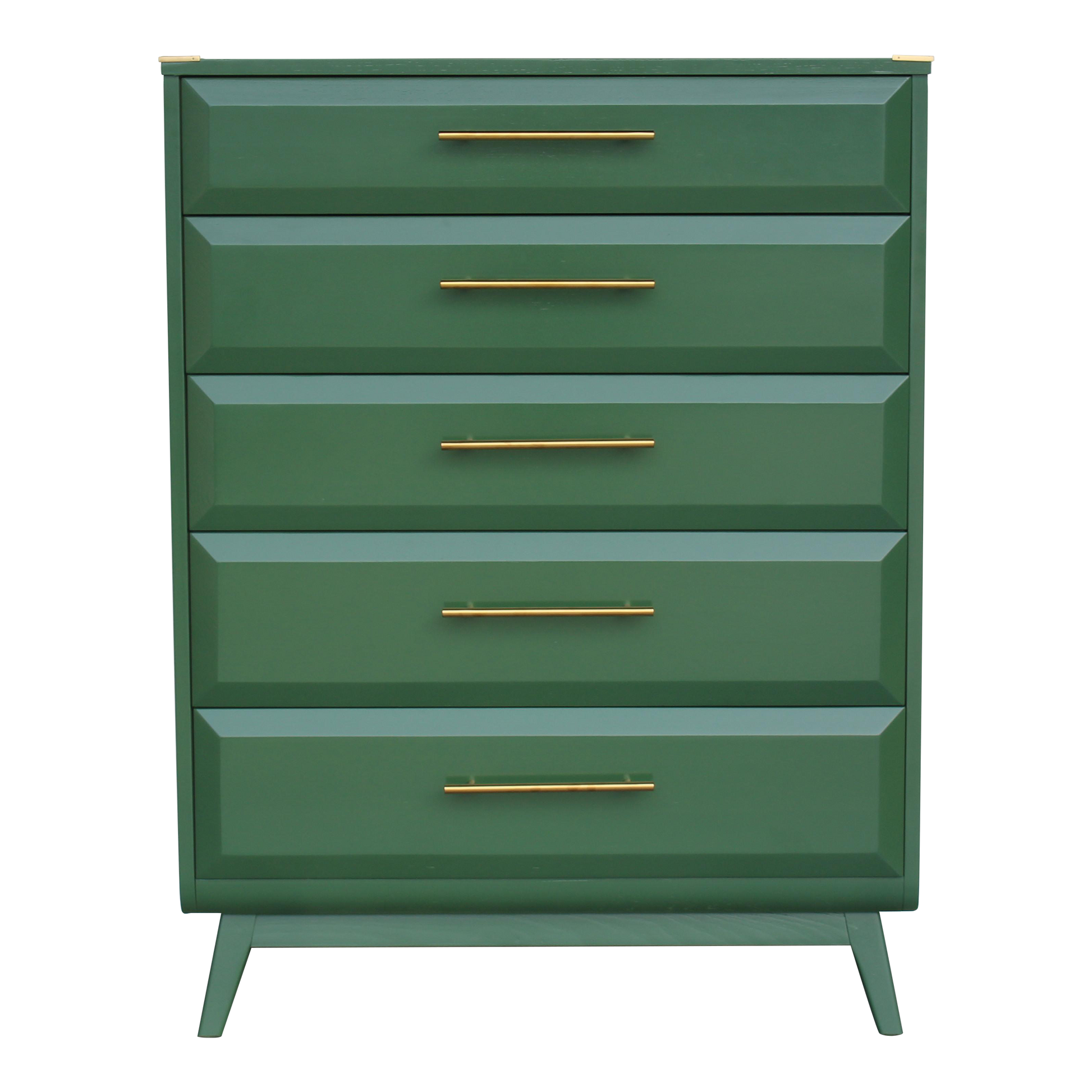 Mid Century walnut highboy of five drawers.  This is a solid built walnut chest with dovetail joint.  This chest is professionally refinished in green with gloss top coat and gold tone hardware.  Dimensions: 36"Width x 19"Depth x 48"Height. 