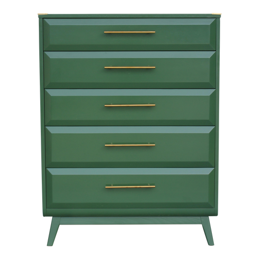 Mid Century walnut highboy of five drawers.  This is a solid built walnut chest with dovetail joint.  This chest is professionally refinished in green with gloss top coat and gold tone hardware.  Dimensions: 36"Width x 19"Depth x 48"Height. 