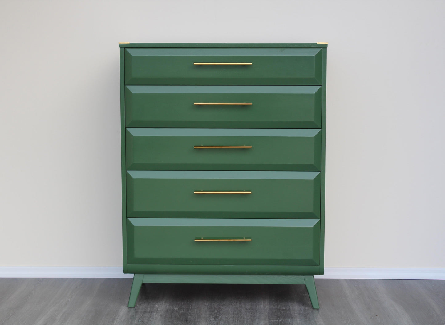 Mid Century walnut highboy of five drawers.  This is a solid built walnut chest with dovetail joint.  This chest is professionally refinished in green with gloss top coat and gold tone hardware.  Dimensions: 36"Width x 19"Depth x 48"Height. 