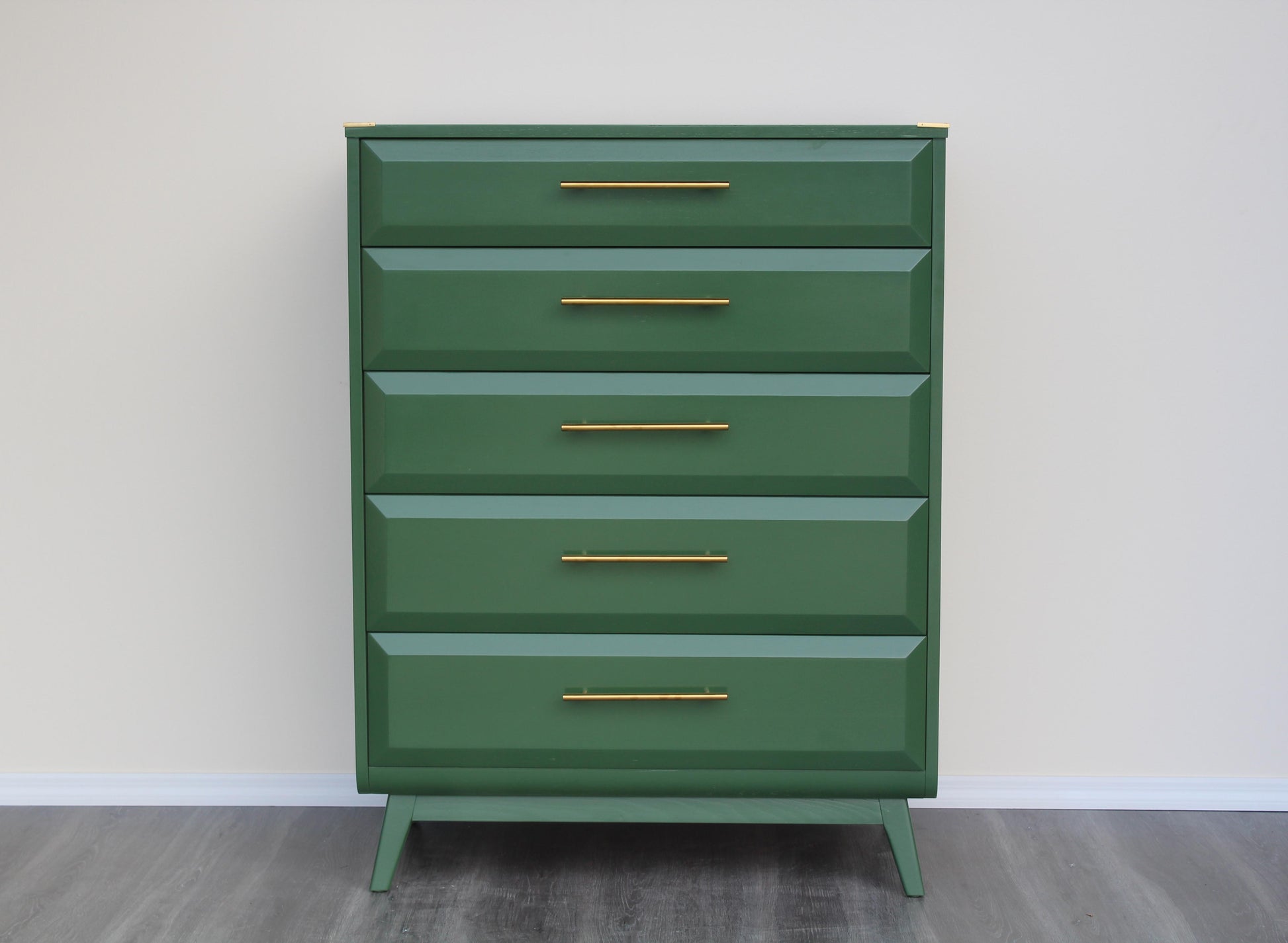 Mid Century walnut highboy of five drawers.  This is a solid built walnut chest with dovetail joint.  This chest is professionally refinished in green with gloss top coat and gold tone hardware.  Dimensions: 36"Width x 19"Depth x 48"Height. 