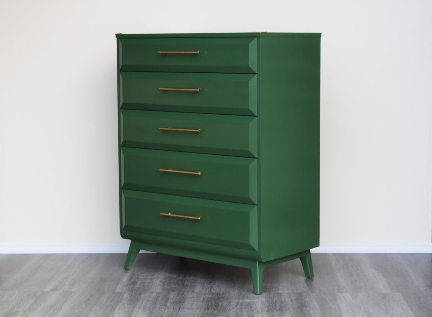 Late 20th Century Mid Century Walnut Green Highboy Chest of Five Drawers