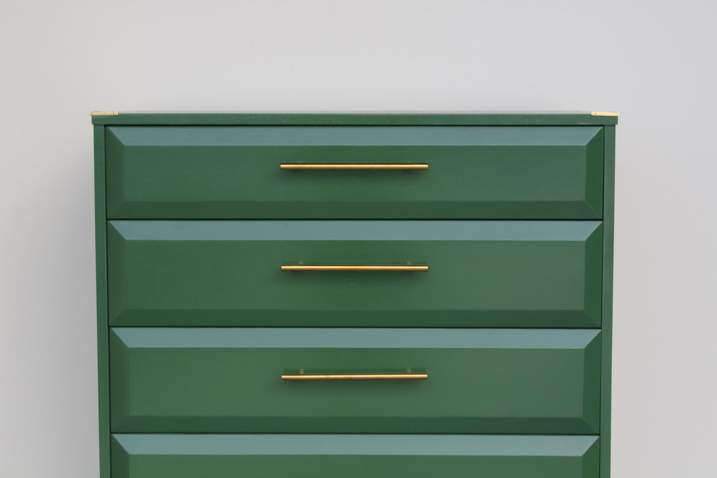 Late 20th Century Mid Century Walnut Green Highboy Chest of Five Drawers