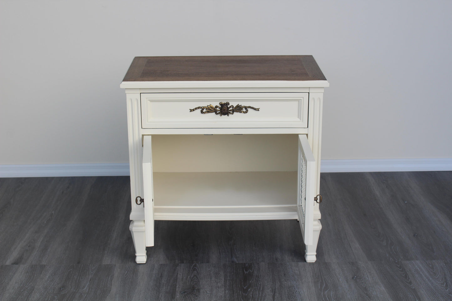 Late 20th Century Pair of Cream Nightstand With Walnut Tops