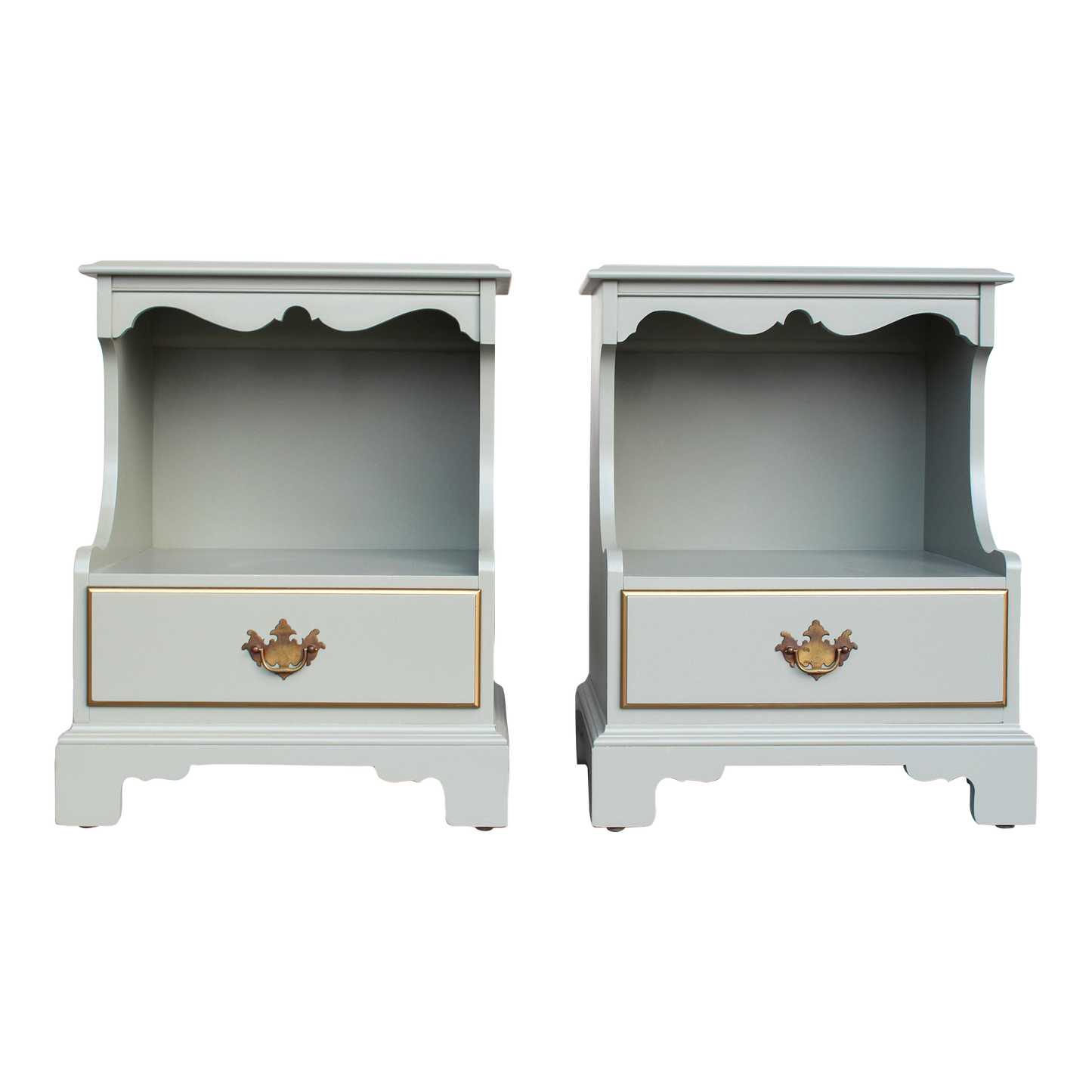 Vintage Georgian style caledon green nightstands.  These nightstands are solid built with dovetail joints and professionally refinished in green with satin top coat.  Dimensions: 21"Width x 17"Depth x 26"Height. 