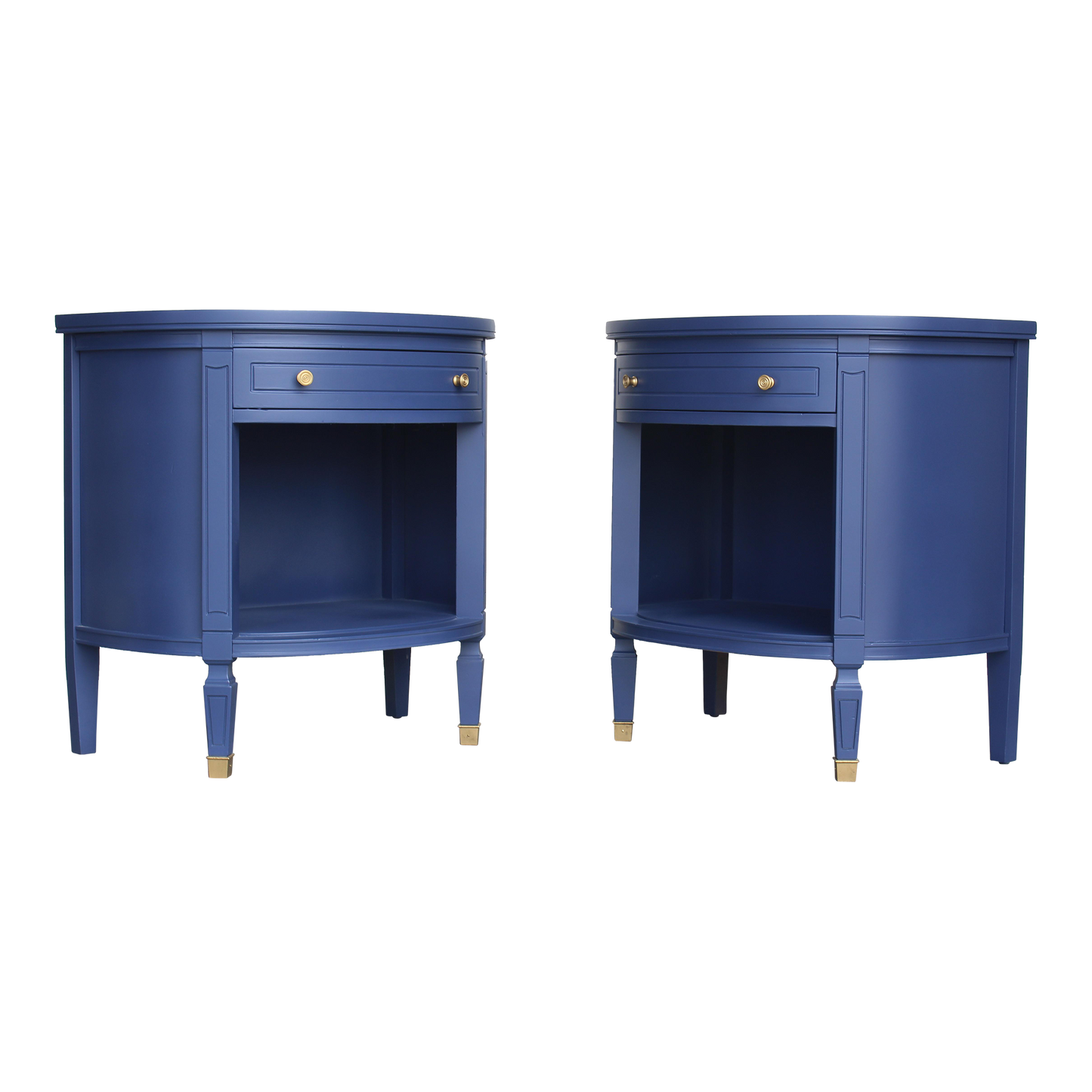 Pair of Mid Century Blue Nightstands.  The nightstand are solid built with dovetail joints, and professionally refinished in blue with satin top coat.  Dimensions:26"Width x 16"Depth x 26"Height. 