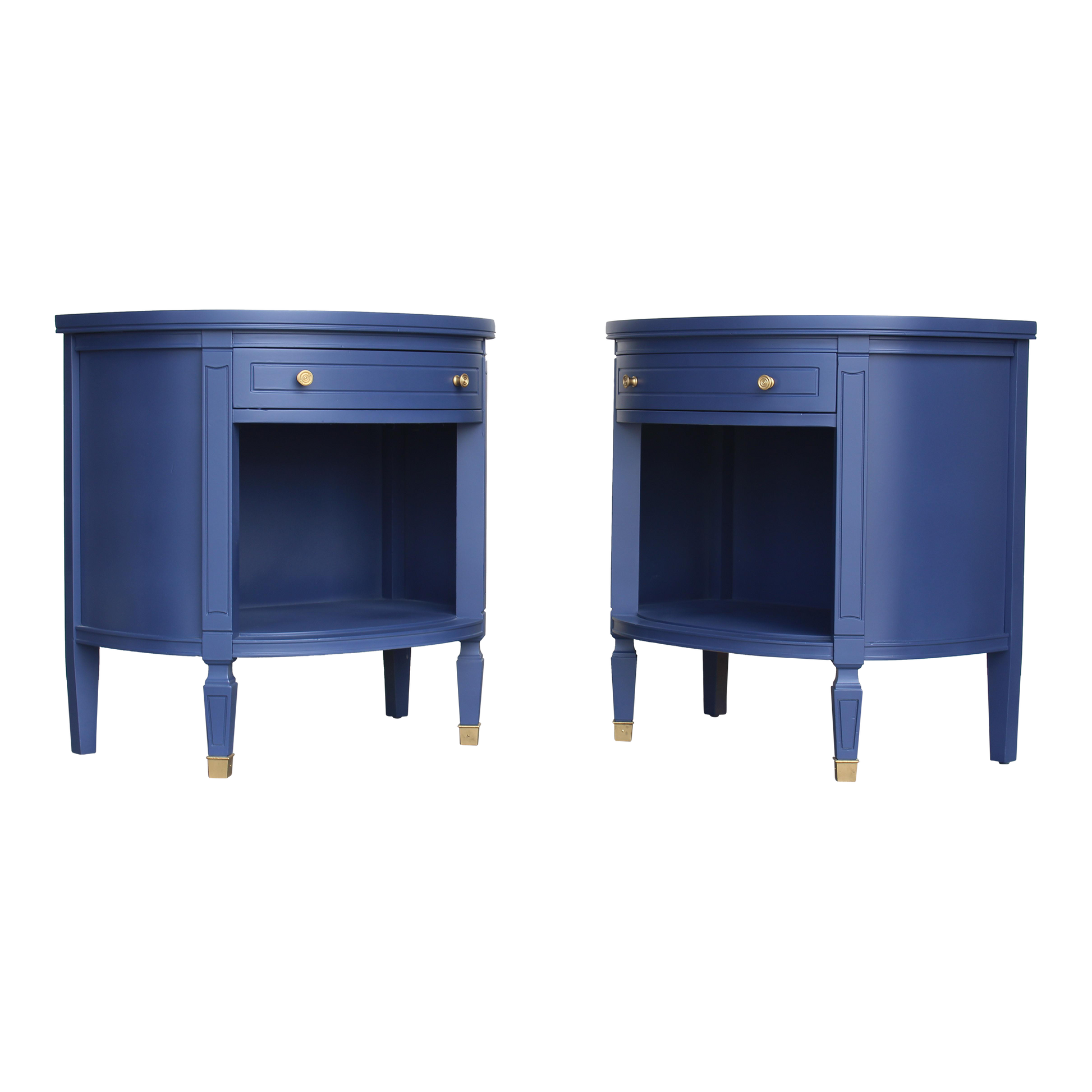 Pair of Mid Century Blue Nightstands.  The nightstand are solid built with dovetail joints, and professionally refinished in blue with satin top coat.  Dimensions:26"Width x 16"Depth x 26"Height. 