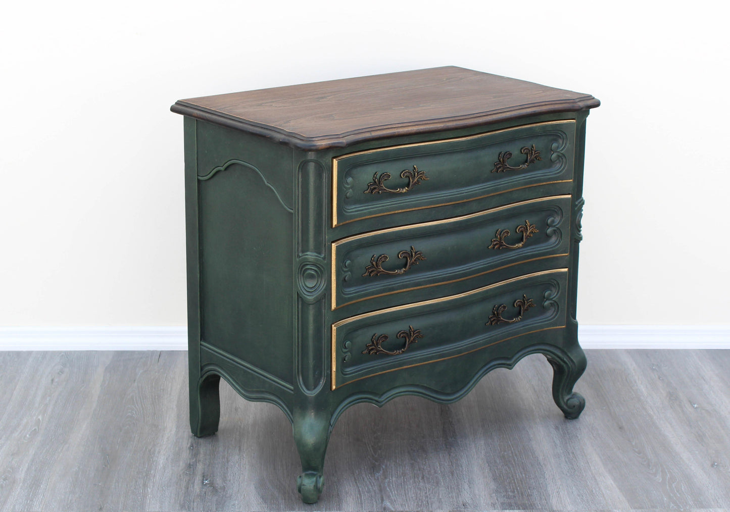 Late 20th Century Pair of Vintage French Provincial Green Nightstands With Walnut Tops