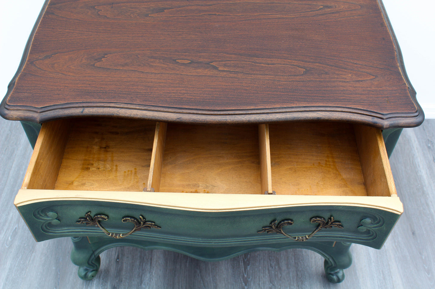 Late 20th Century Pair of Vintage French Provincial Green Nightstands With Walnut Tops