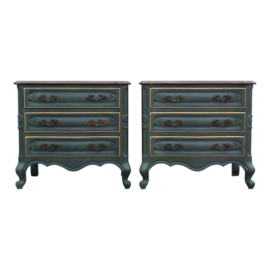 Late 20th Century Pair of Vintage French Provincial Green Nightstands With Walnut Tops