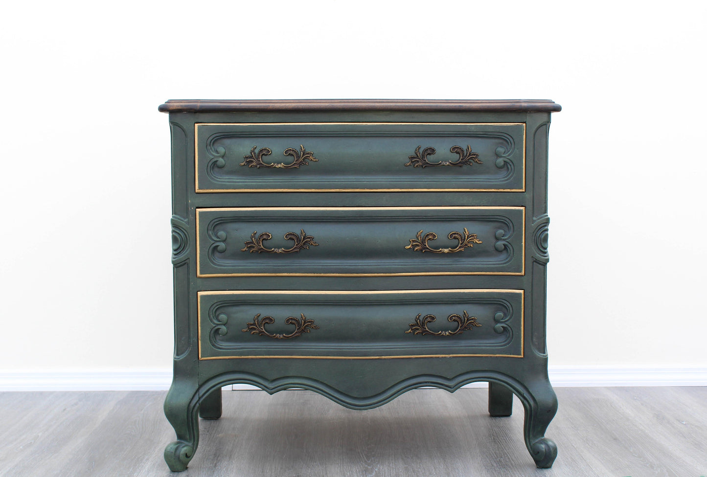 Late 20th Century Pair of Vintage French Provincial Green Nightstands With Walnut Tops