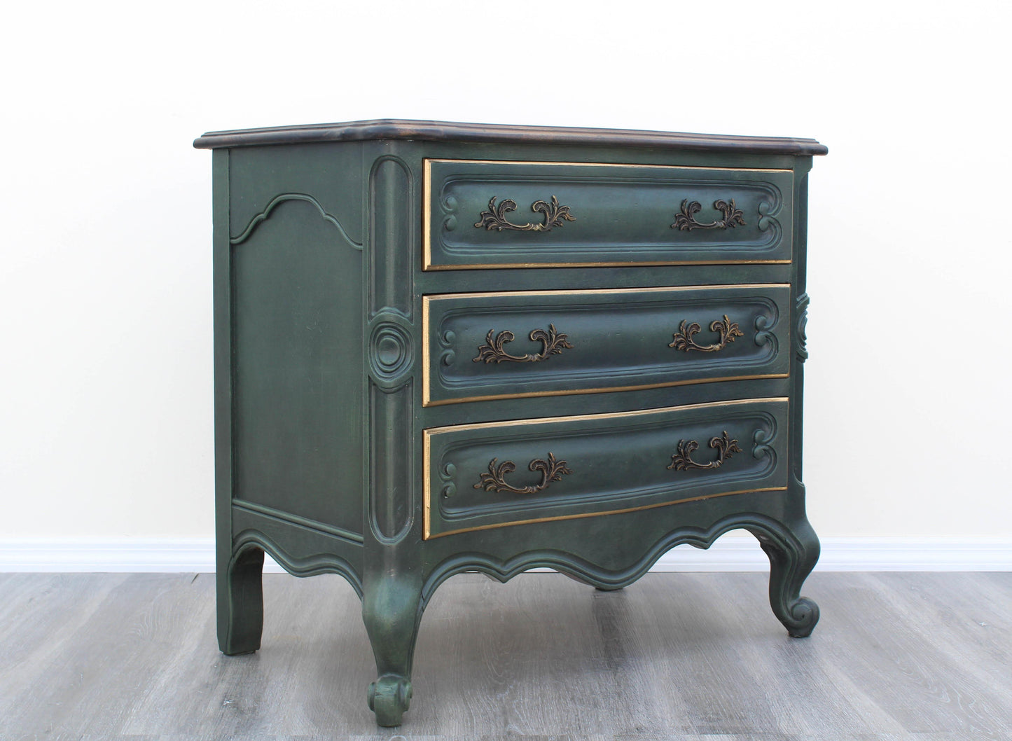 Late 20th Century Pair of Vintage French Provincial Green Nightstands With Walnut Tops