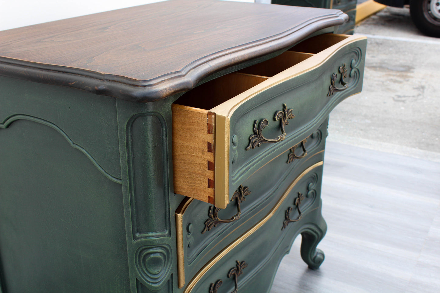 Late 20th Century Pair of Vintage French Provincial Green Nightstands With Walnut Tops