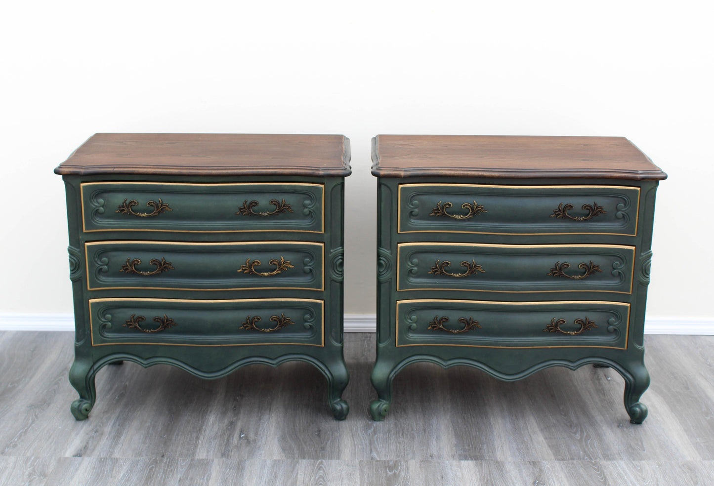 Late 20th Century Pair of Vintage French Provincial Green Nightstands With Walnut Tops