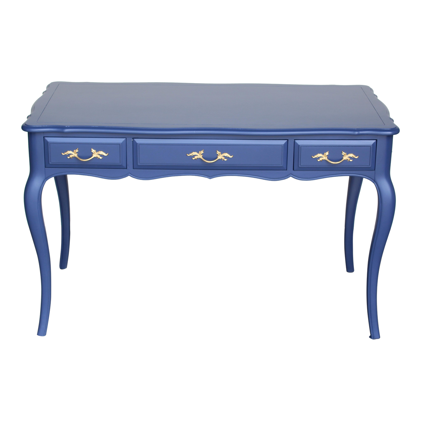 Vintage French Provincial desk of three drawers.  This desk is solid built with dovetail joints is professionally refinish in blue with satin top coat, and gold painted hardware.  Dimensions: 48"Width x 25"Depth x 30"Height.