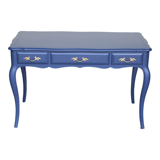 Vintage French Provincial desk of three drawers.  This desk is solid built with dovetail joints is professionally refinish in blue with satin top coat, and gold painted hardware.  Dimensions: 48"Width x 25"Depth x 30"Height.