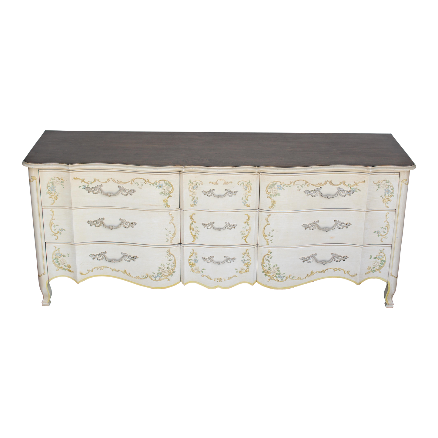 Vintage cream John Widdicomb cream dresser of nine drawers.  This dresser is solid built with dovetail joints, with a dark stained walnut top.  Dimensions: 76"Length x 21"Depth x 32"Height. 