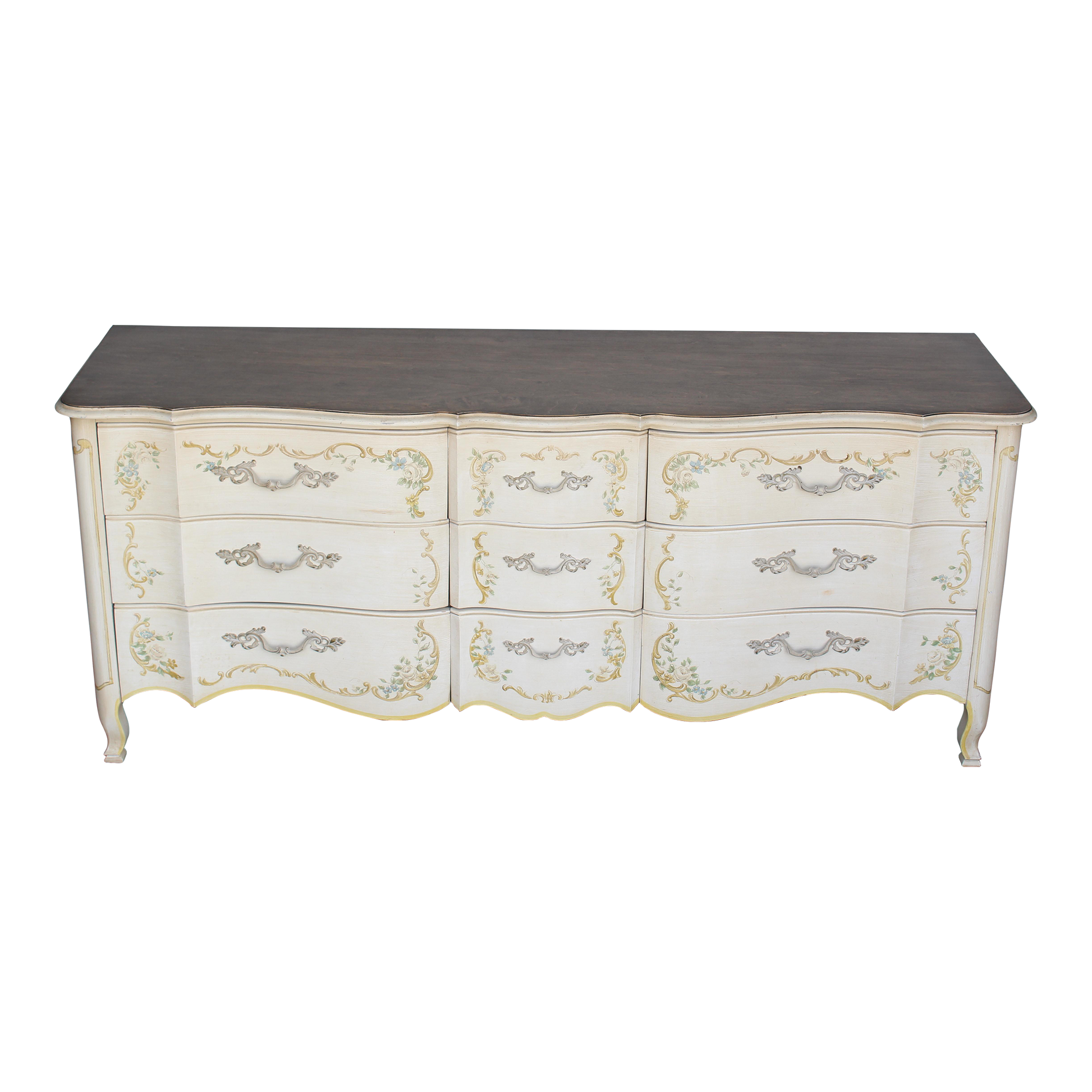 Vintage cream John Widdicomb cream dresser of nine drawers.  This dresser is solid built with dovetail joints, with a dark stained walnut top.  Dimensions: 76"Length x 21"Depth x 32"Height. 