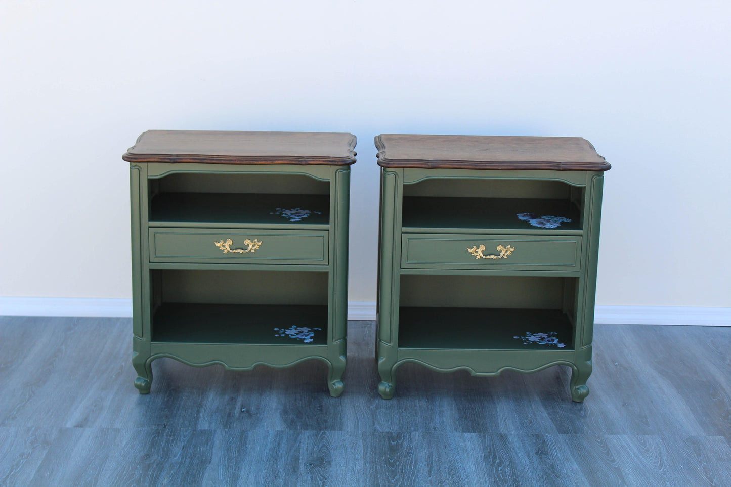 Late 20th Century Vintage Pair of French Provincial Green Nightstands