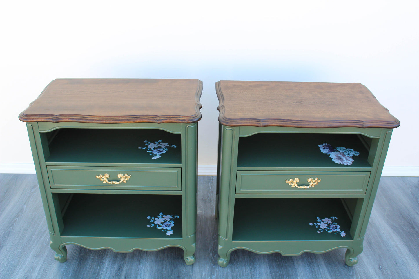 Late 20th Century Vintage Pair of French Provincial Green Nightstands