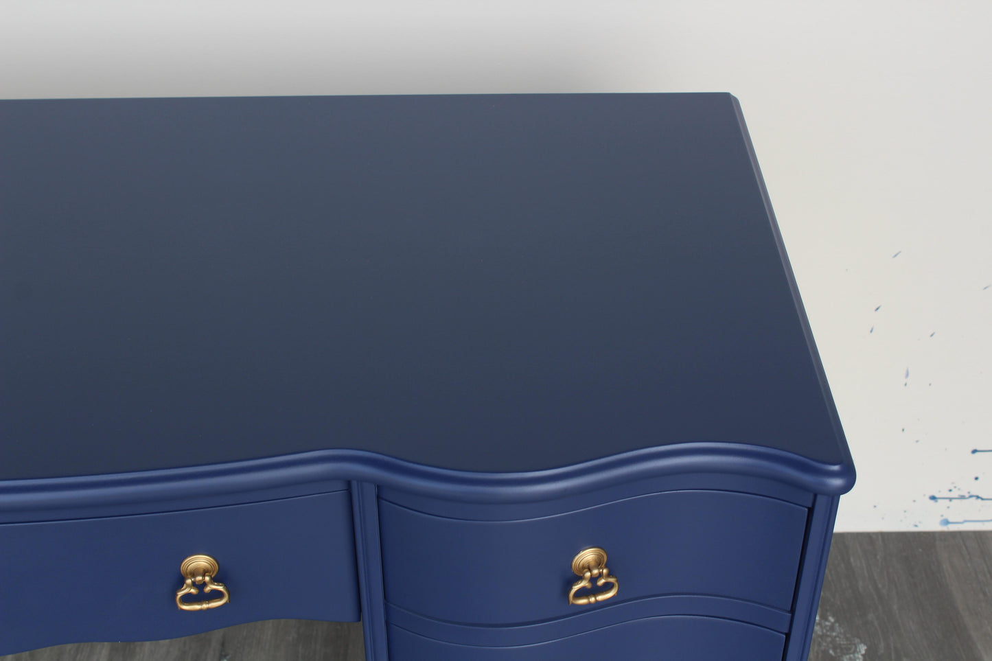 Late 20th Century Vintage Queen Ann Style Blue Desk of Five Drawers