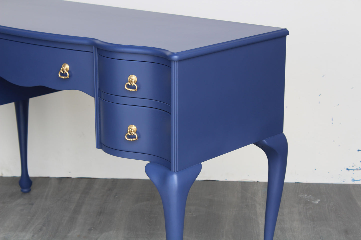 Late 20th Century Vintage Queen Ann Style Blue Desk of Five Drawers