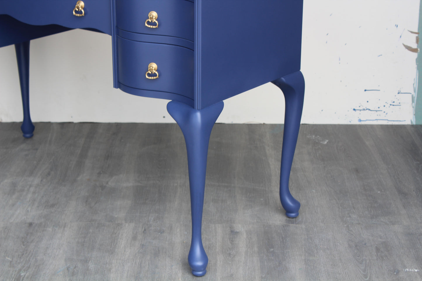 Late 20th Century Vintage Queen Ann Style Blue Desk of Five Drawers