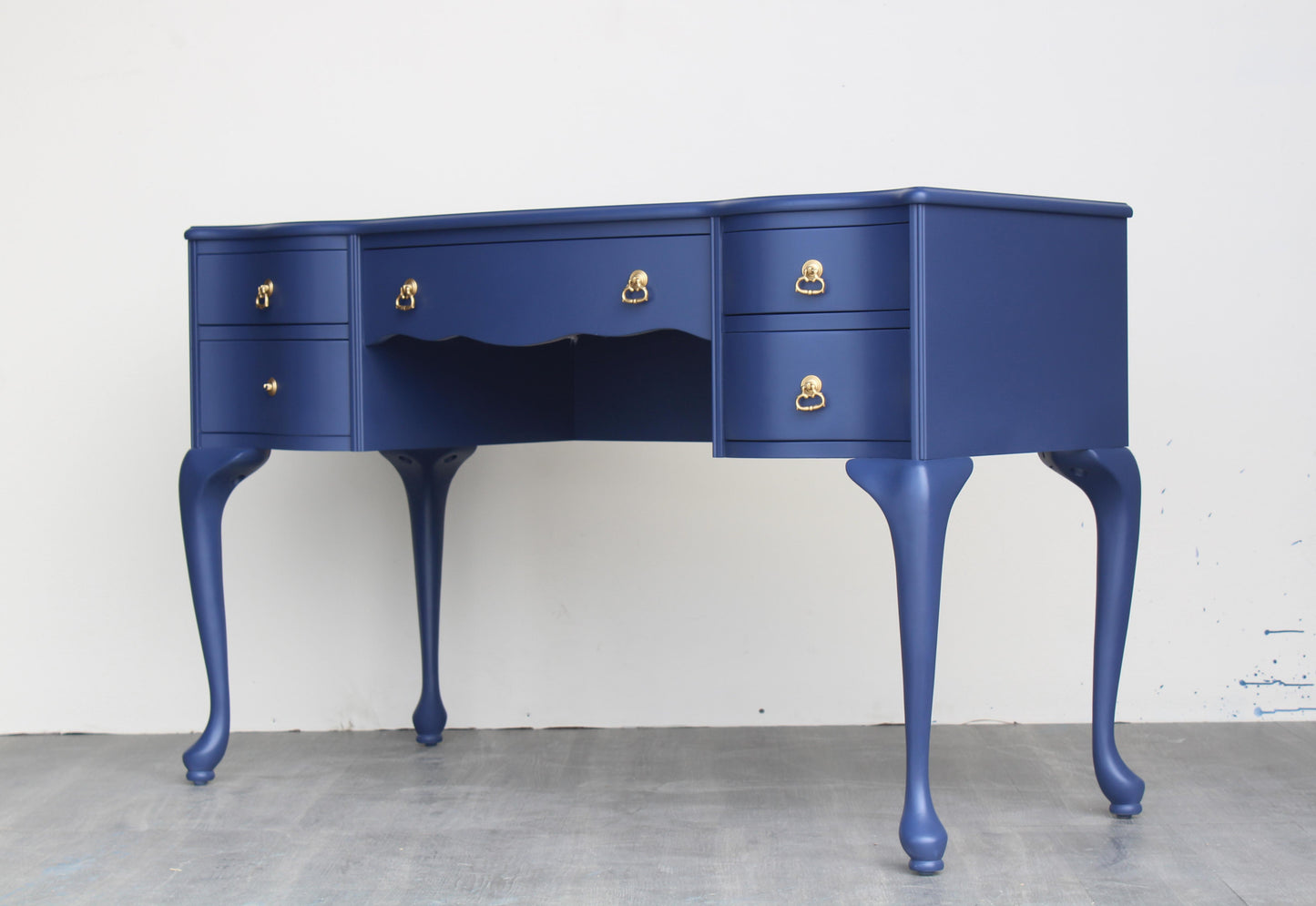 Late 20th Century Vintage Queen Ann Style Blue Desk of Five Drawers