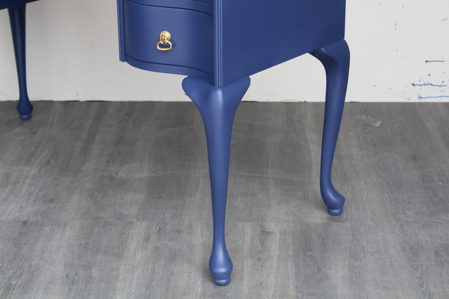 Late 20th Century Vintage Queen Ann Style Blue Desk of Five Drawers