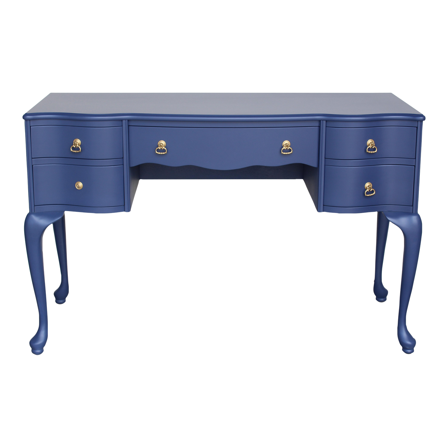 Late 20th Century Vintage Queen Ann Style Blue Desk of Five Drawers