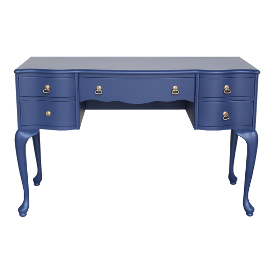 Late 20th Century Vintage Queen Ann Style Blue Desk of Five Drawers